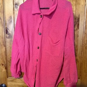 Women's Pink Button-Up Waffle Knit Top